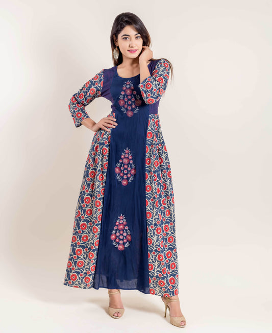 Hand Block Print Embroidered Indo Western Dress