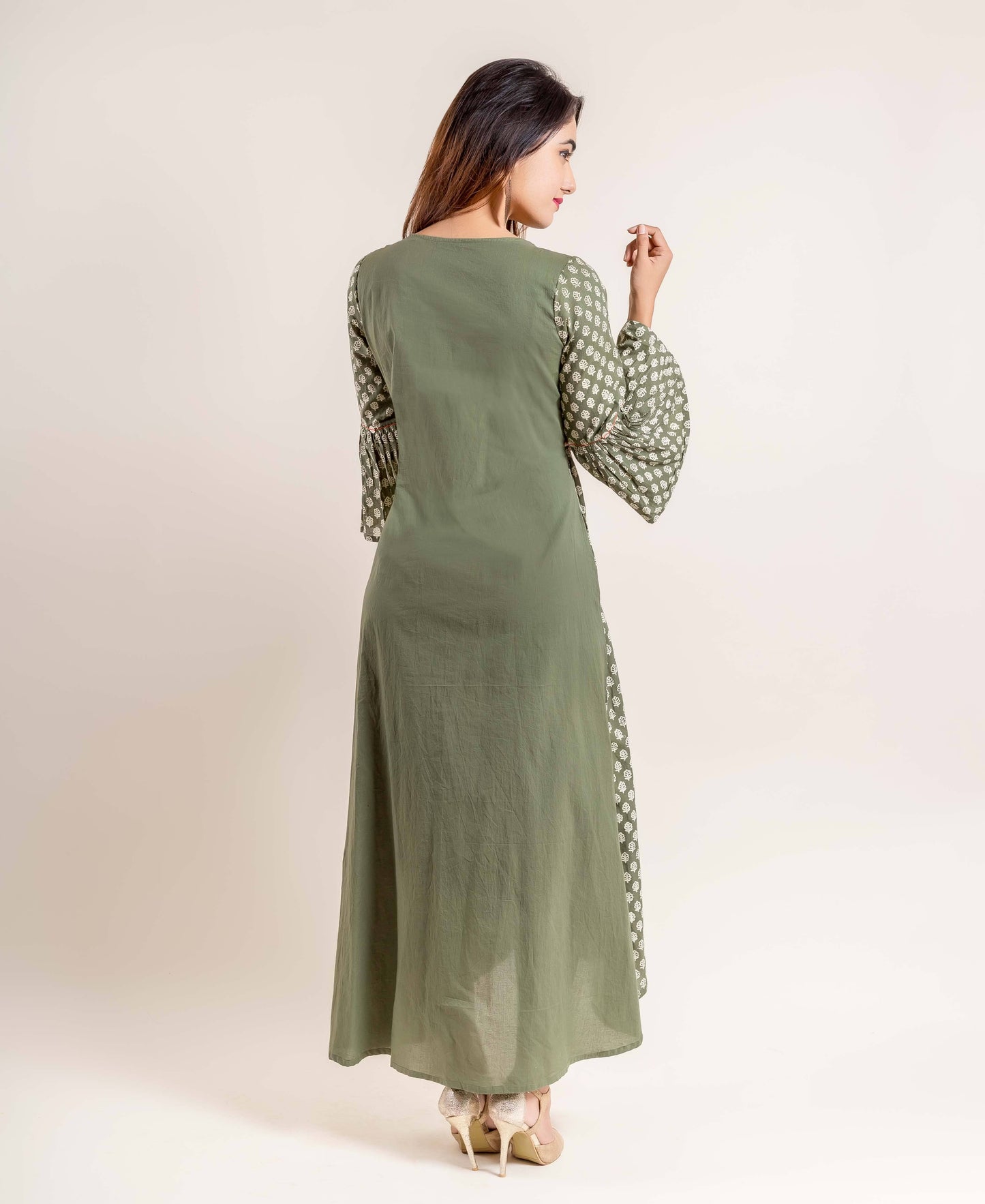 Fern Green Embroidered Cotton Dress With Bell Sleeves
