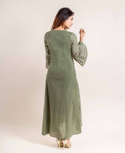 Fern Green Embroidered Cotton Dress With Bell Sleeves
