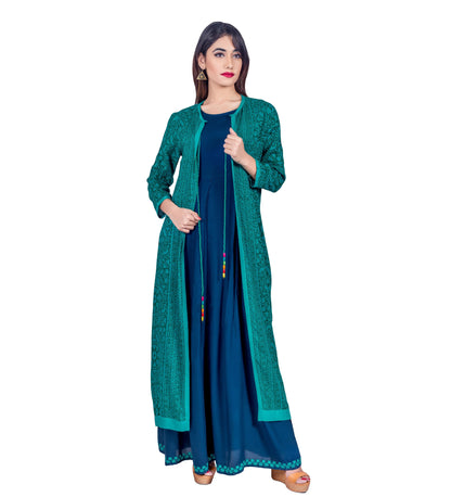 Teal Blue Hand Block Printed Jacket Dress with Embroidery
