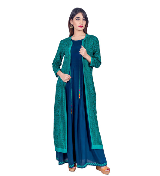 Teal Blue Hand Block Printed Jacket Dress with Embroidery