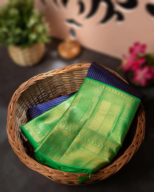Valiba Kanchi Soft Silk Floral Brocade Blue Saree With Green Blouse Banarasi Sari