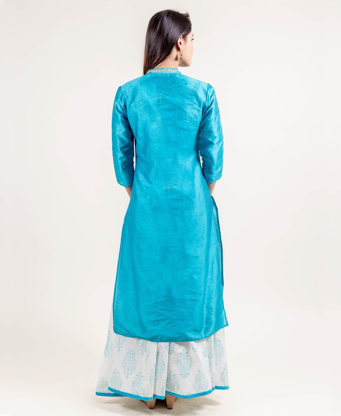Pencil Cut Dupion Embroidered Kurta With Skirt