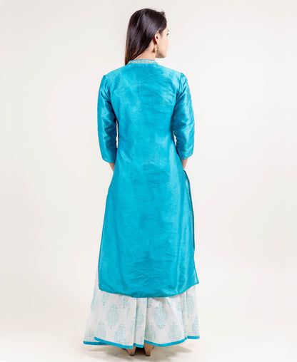Pencil Cut Dupion Embroidered Kurta With Skirt