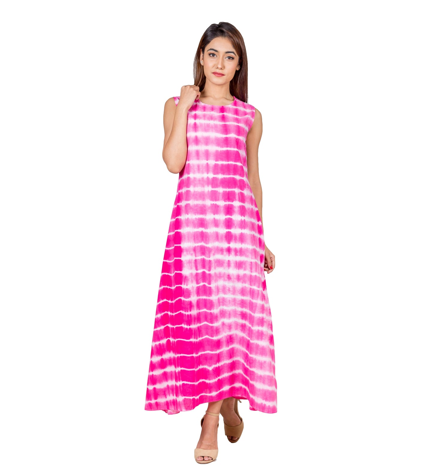 Pink and White Tie Dye Hand Block Printed Chanderi Indo Western Dress
