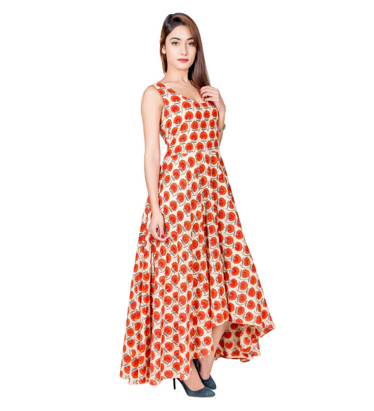Orange / Beige Sleeveless Hand Block Print High Low Flare Dress