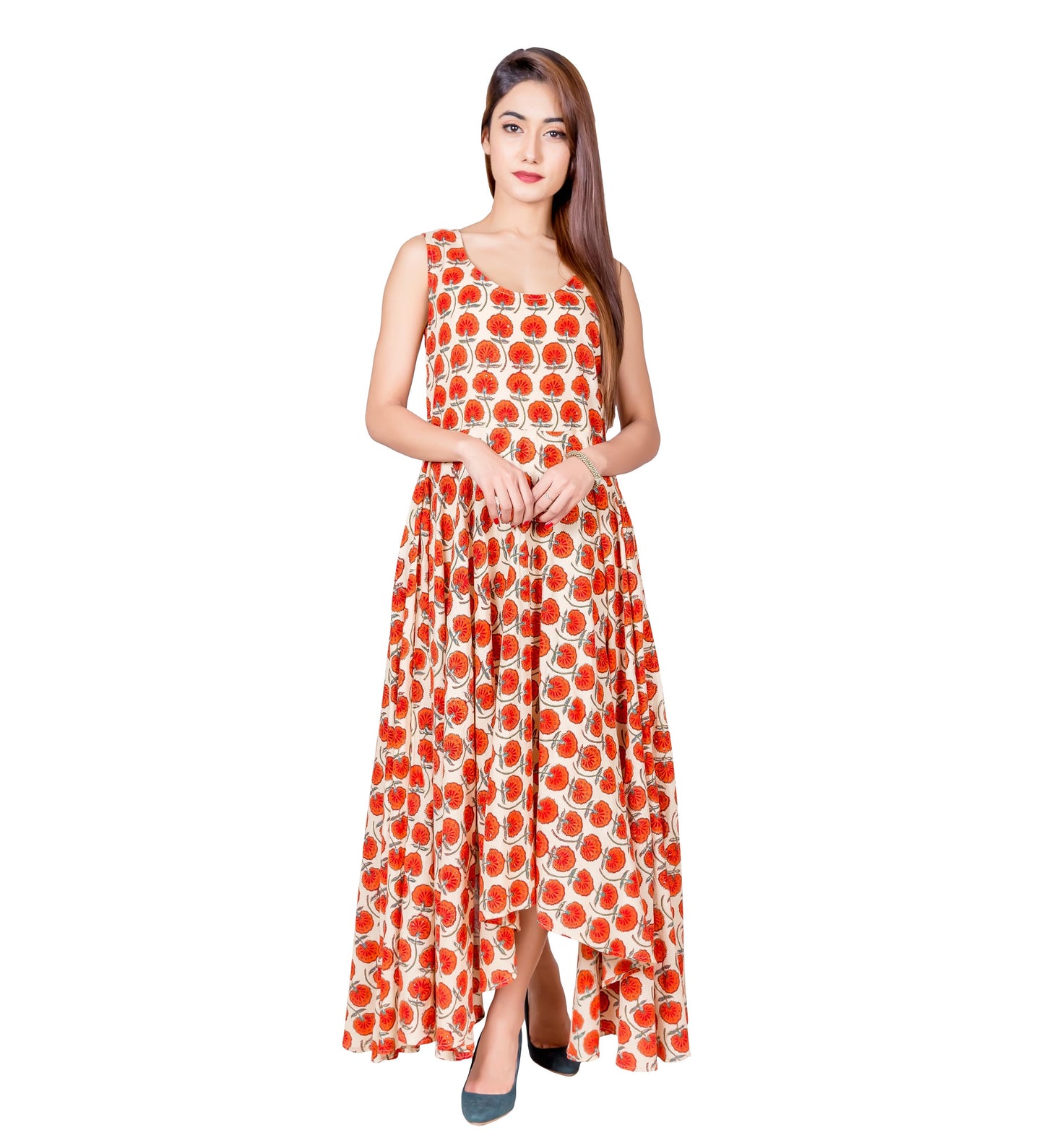 Orange / Beige Sleeveless Hand Block Print High Low Flare Dress