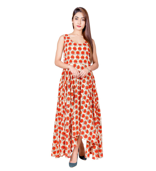 Orange / Beige Sleeveless Hand Block Print High Low Flare Dress