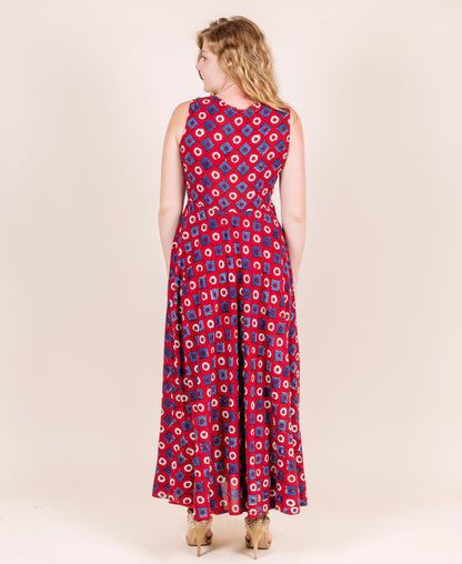 Red/Blue/Aqua Sleeveless Hand Block Print Flare Dress