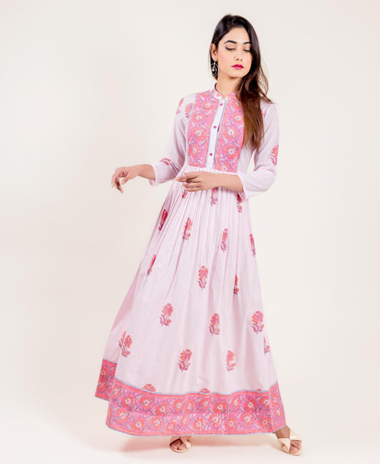 Cotton Hand Block Printed Pink Long Dress