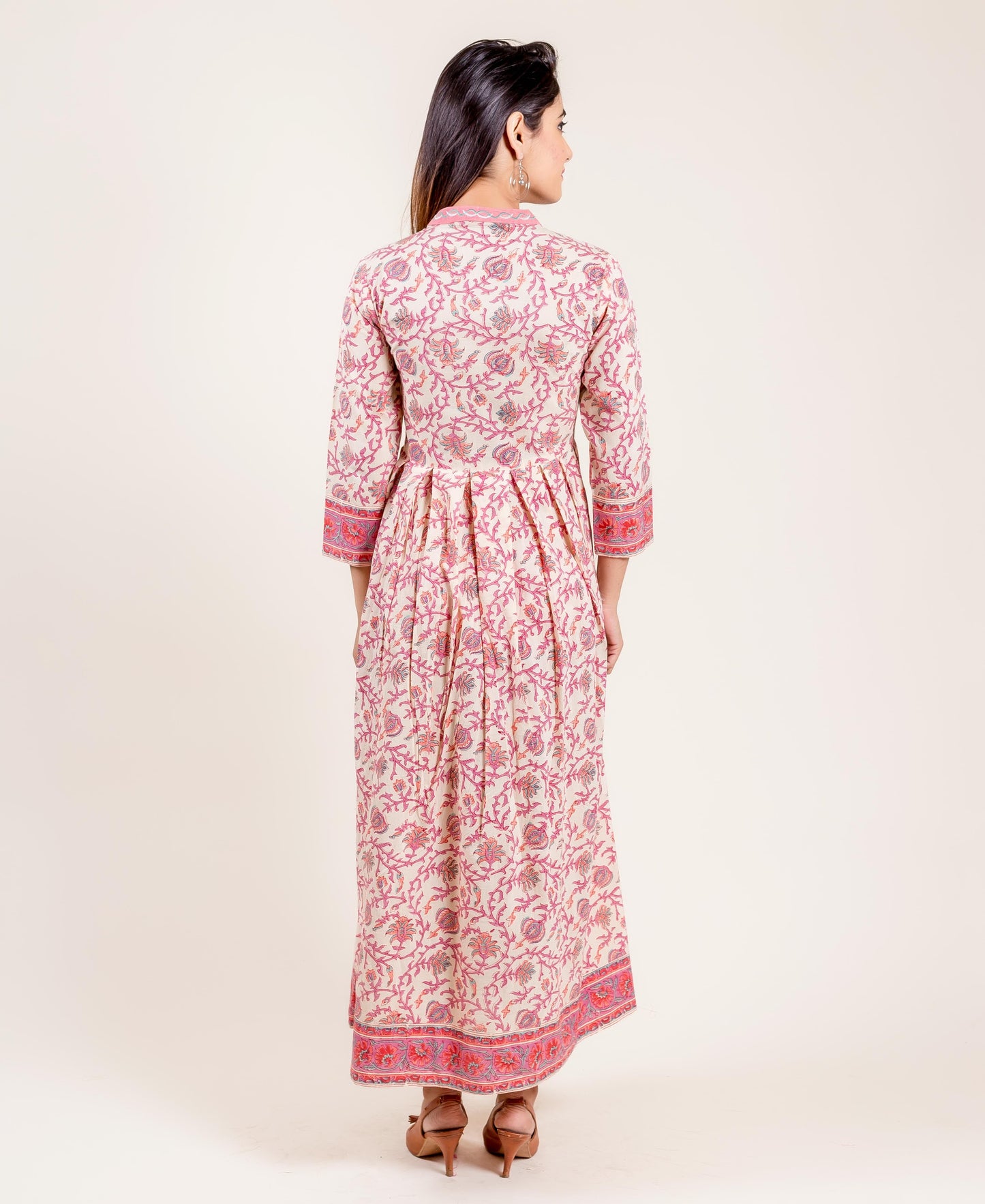 Pink And White Long Hand Block Printed Dress