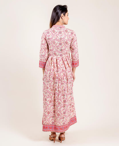 Pink And White Long Hand Block Printed Dress
