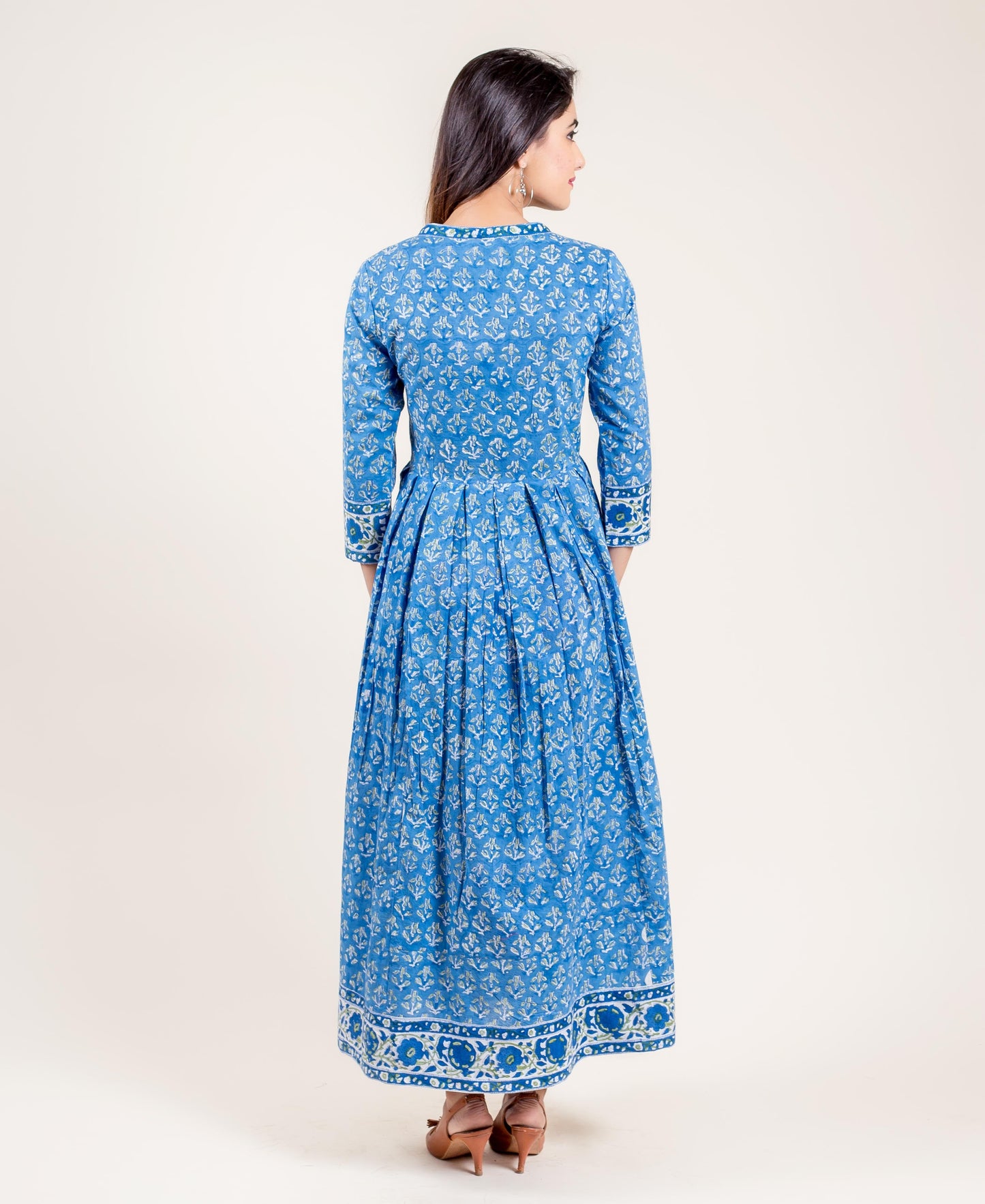 Hand Block Printed Quarter Sleeves Long Cotton Maxi Dress