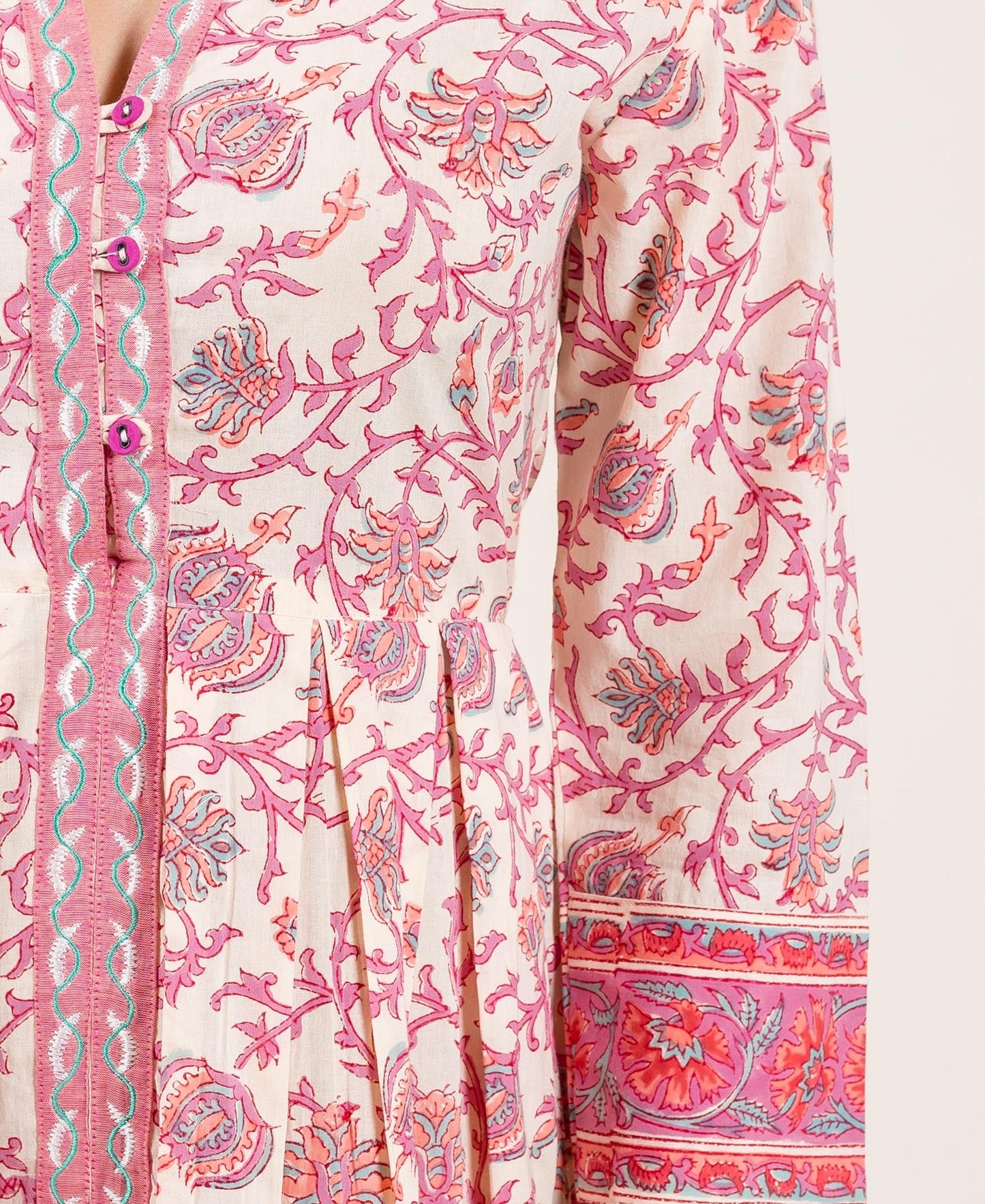 Pink And White Long Hand Block Printed Dress