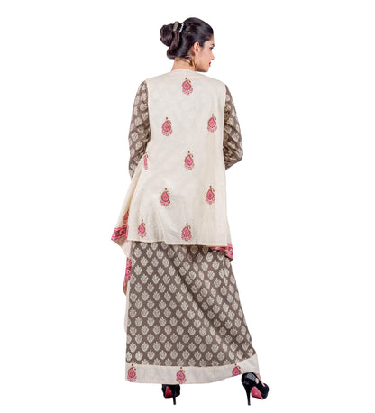 V-Neck Angrakha Style Princess Cut Floor Length Flare Dress With Asymmetrical Mid Knee Length Shrug