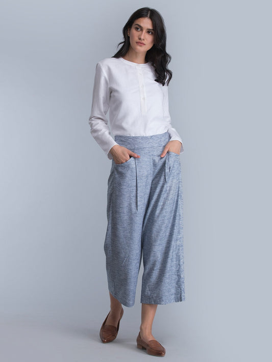Front Crease Culottes With Elastic - Blue Melange