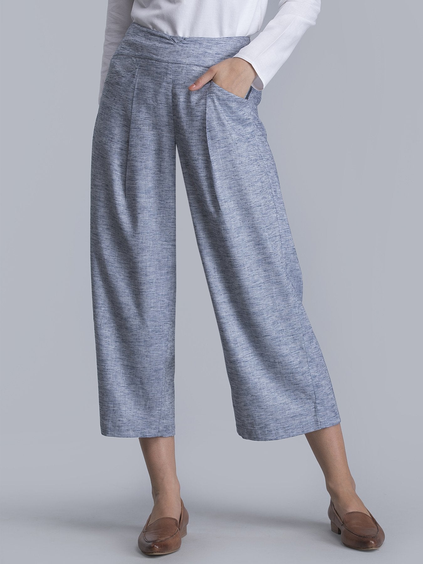 Front Crease Culottes With Elastic - Blue Melange