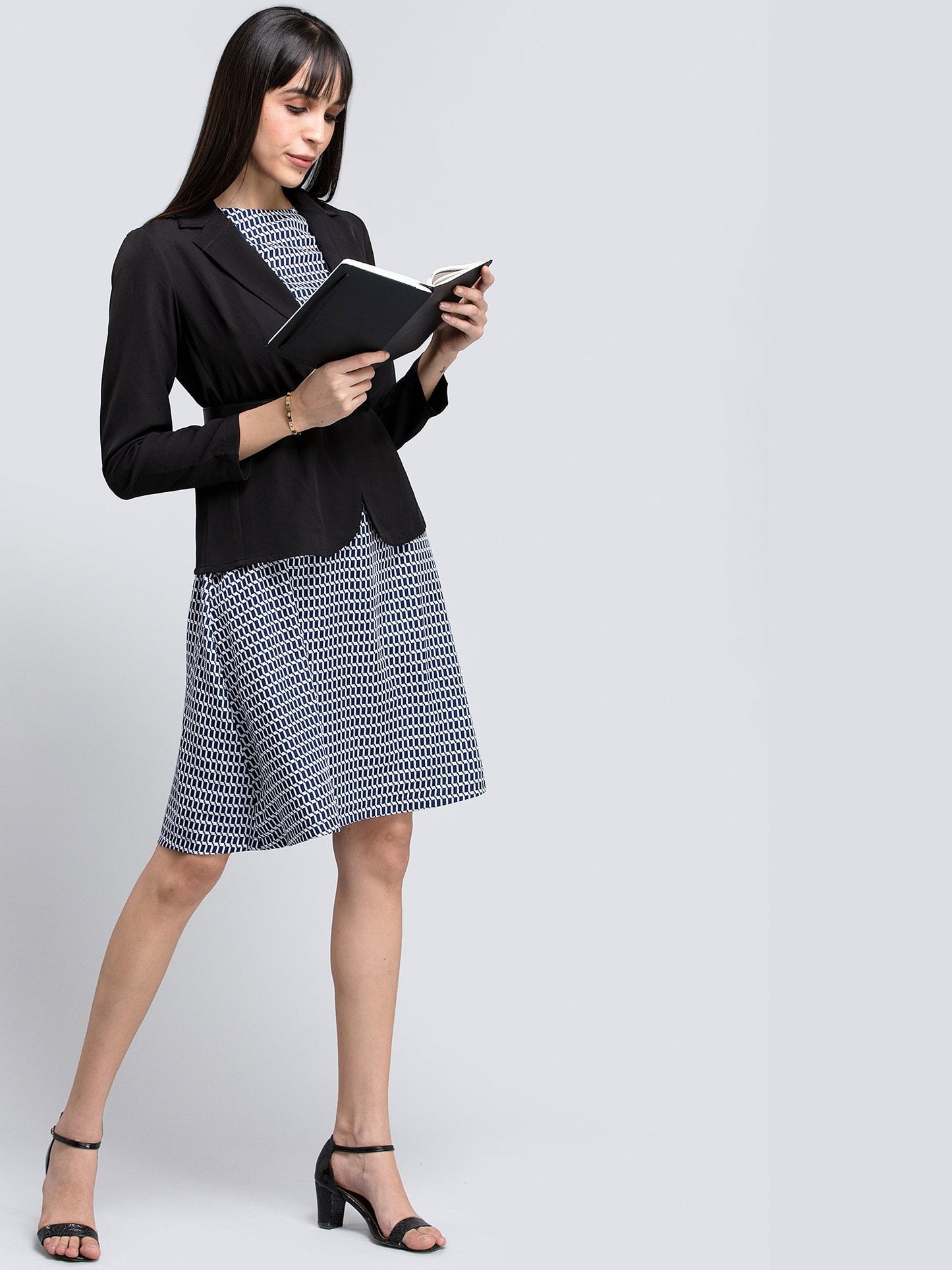 Geometric Print A Line Dress - Navy and White