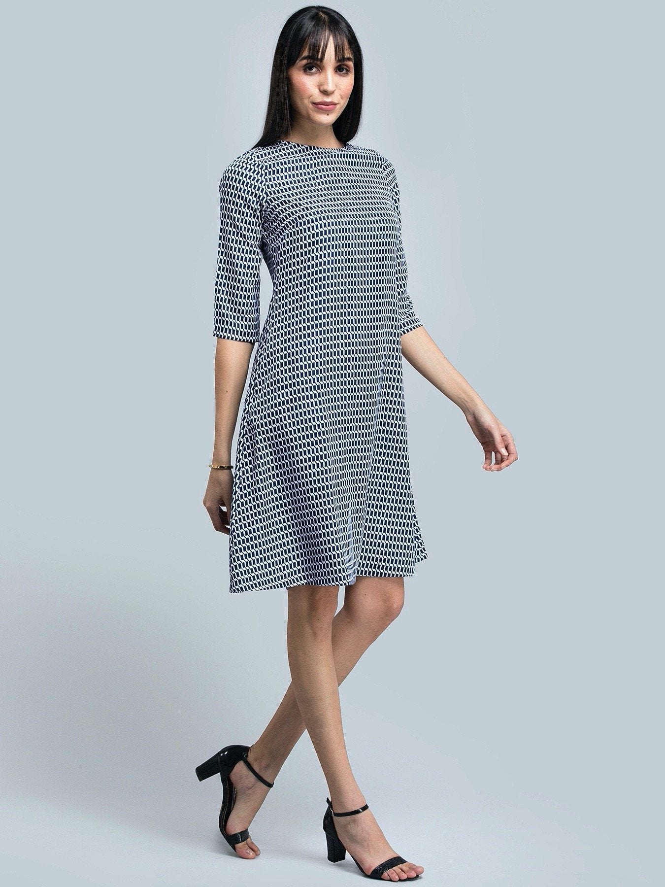 Geometric Print A Line Dress - Navy and White
