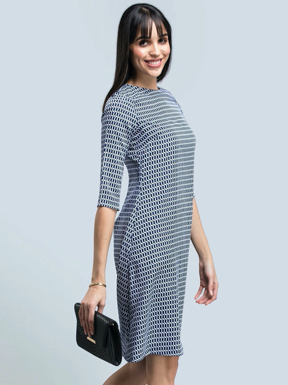 Geometric Print A Line Dress - Navy and White