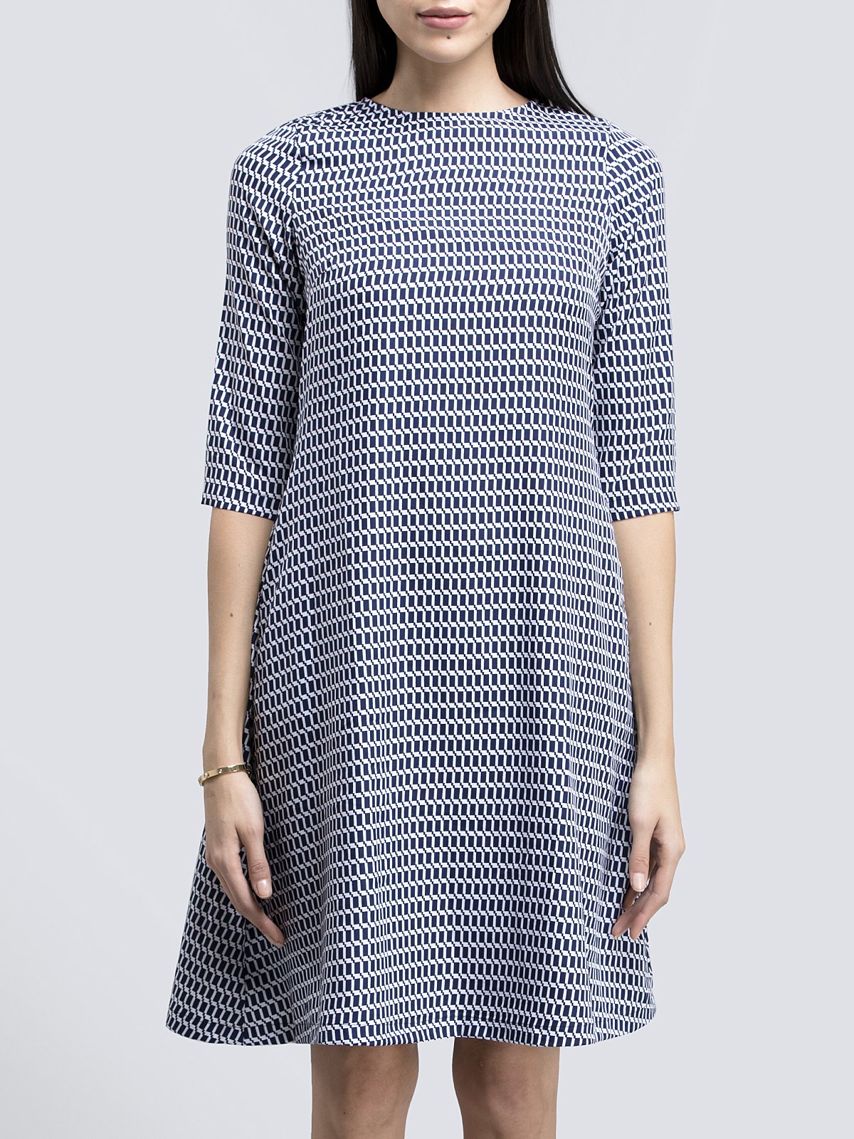 Geometric Print A Line Dress - Navy and White