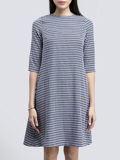 Geometric Print A Line Dress - Navy and White