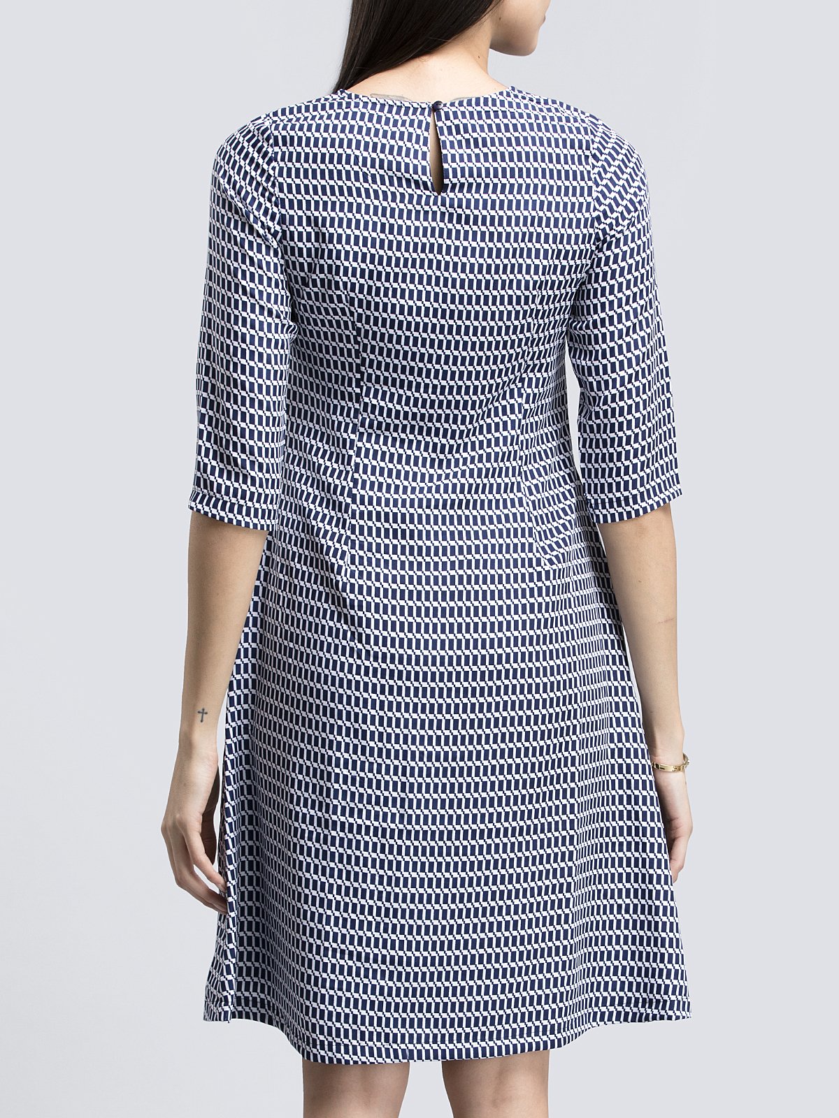 Geometric Print A Line Dress - Navy and White