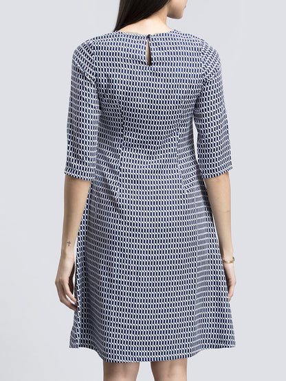 Geometric Print A Line Dress - Navy and White