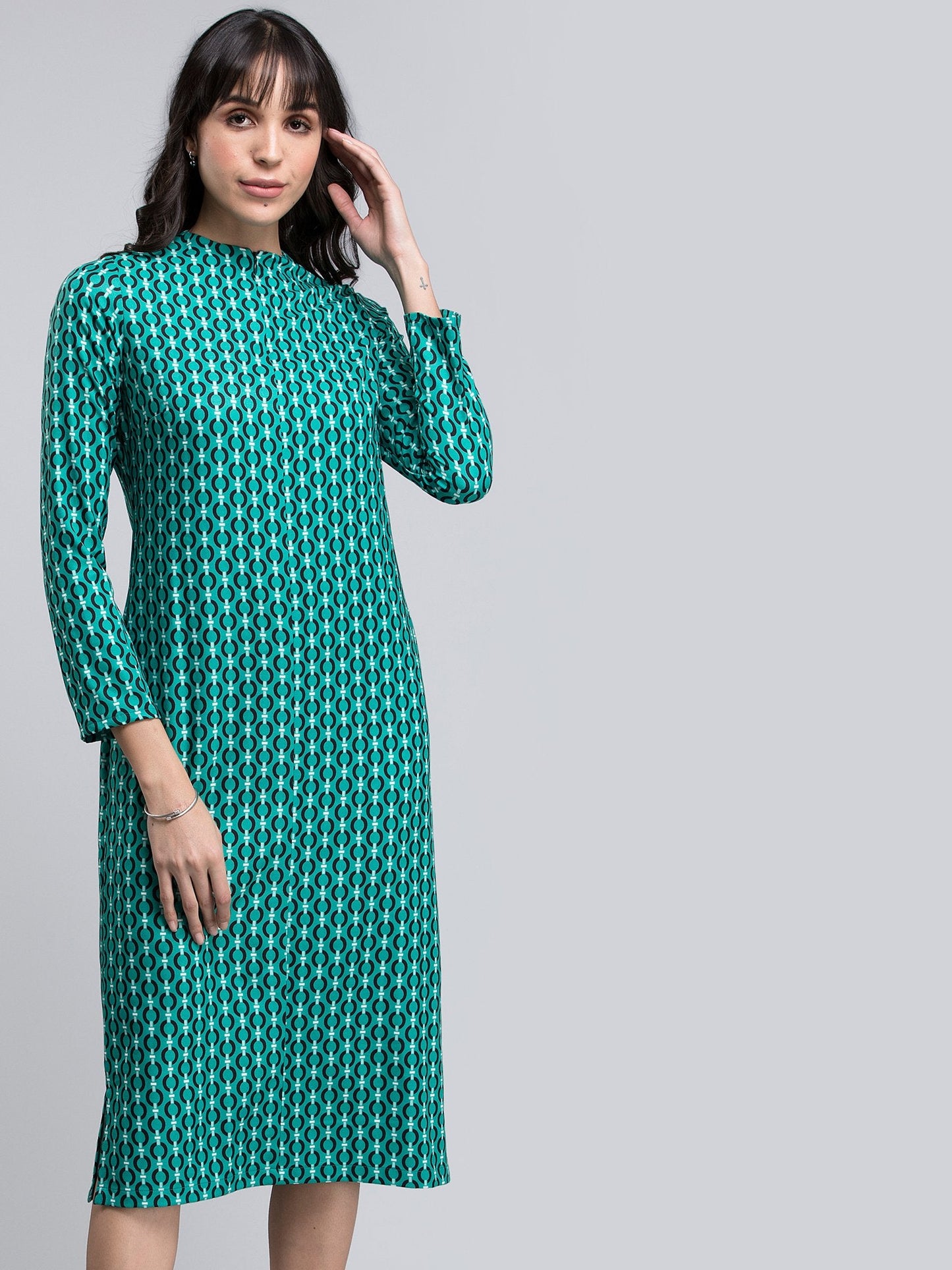 Geometric Print A Line Midi Dress - Green and Black