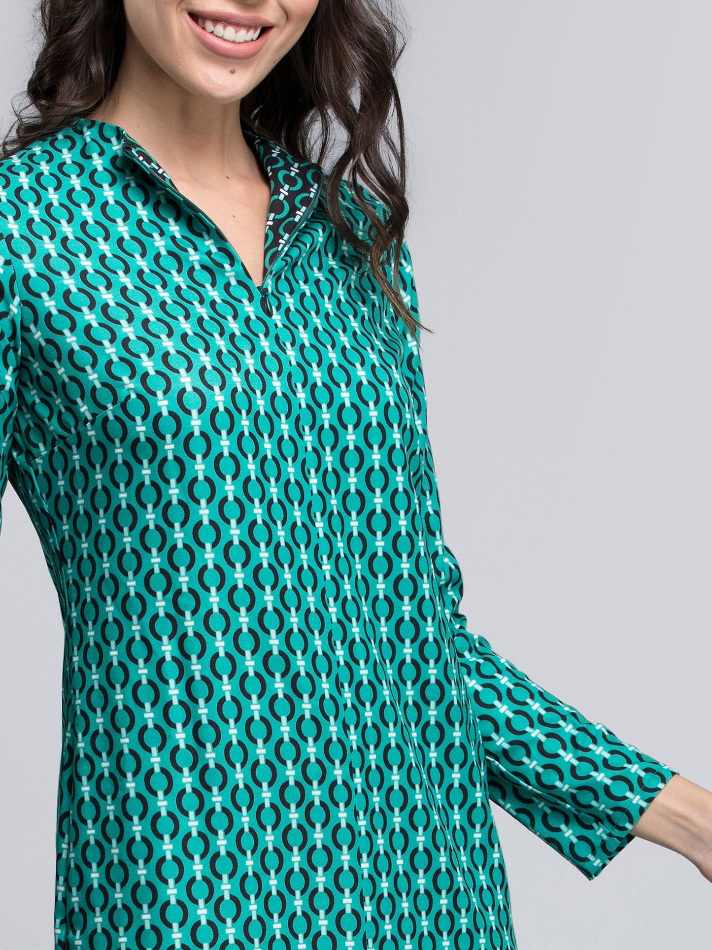 Geometric Print A Line Midi Dress - Green and Black