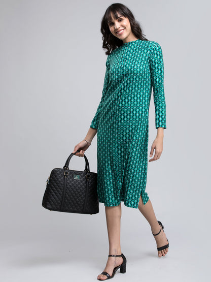 Geometric Print A Line Midi Dress - Green and Black