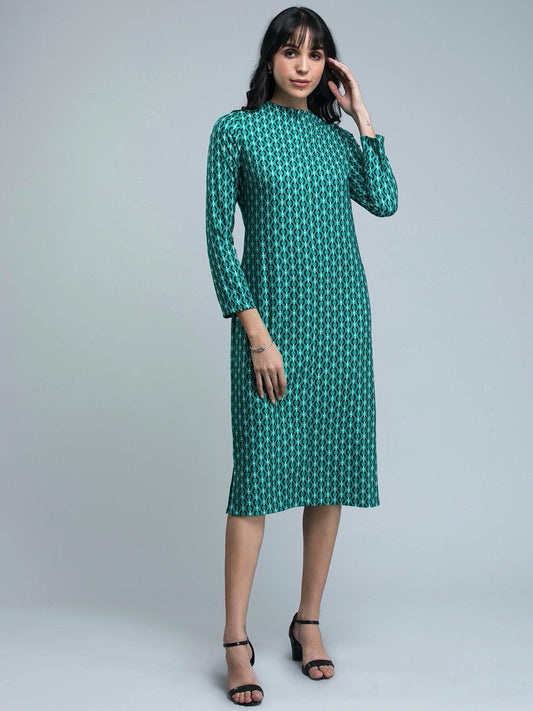 Geometric Print A Line Midi Dress - Green and Black
