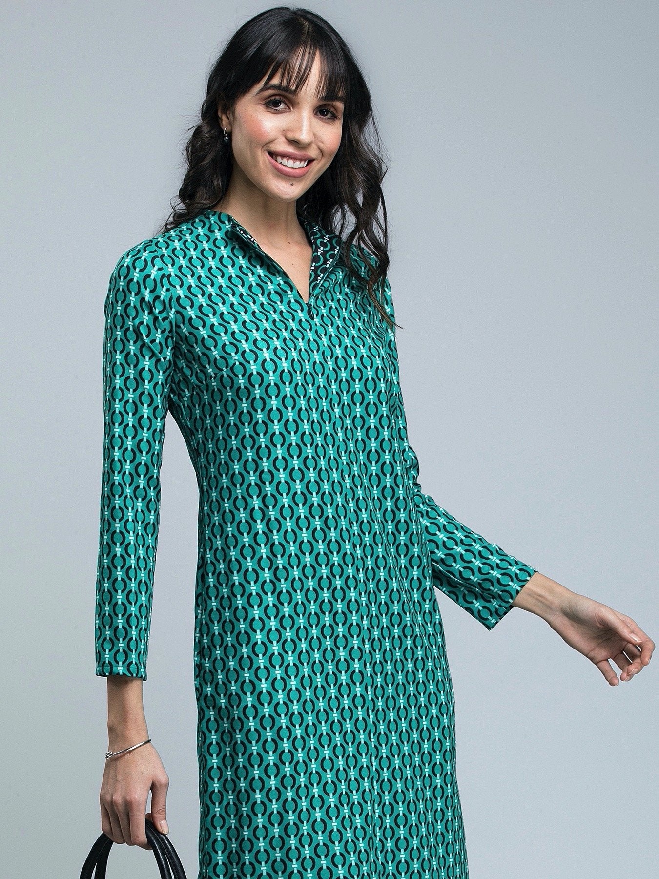 Geometric Print A Line Midi Dress - Green and Black