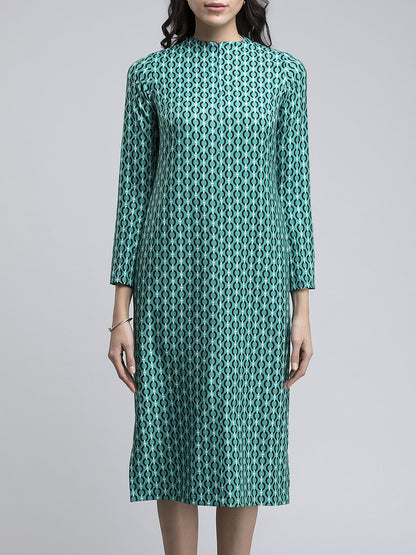 Geometric Print A Line Midi Dress - Green and Black
