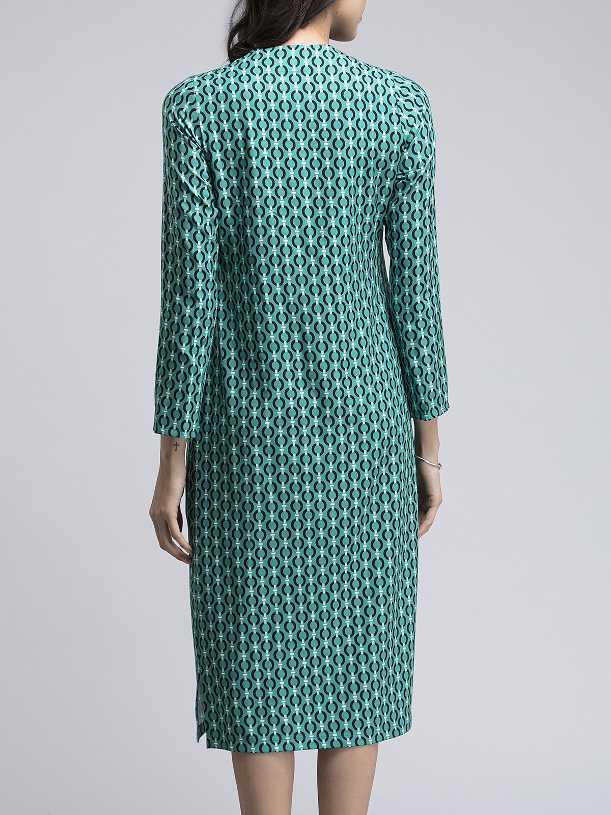 Geometric Print A Line Midi Dress - Green and Black
