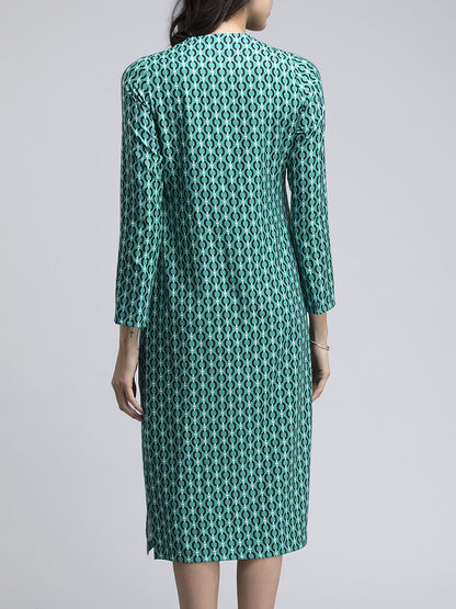 Geometric Print A Line Midi Dress - Green and Black