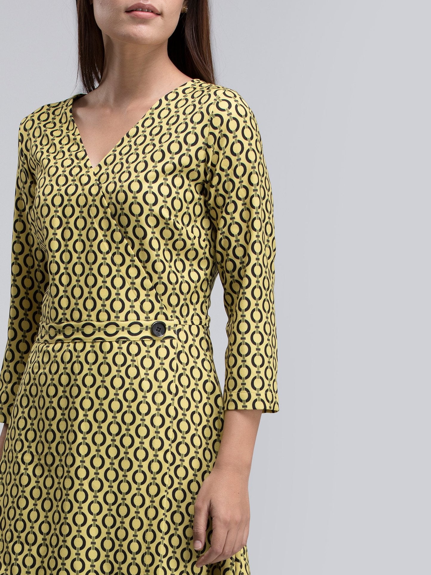 Geometric Print Faux Wrap Dress - Yellow and Black