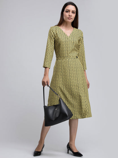 Geometric Print Faux Wrap Dress - Yellow and Black