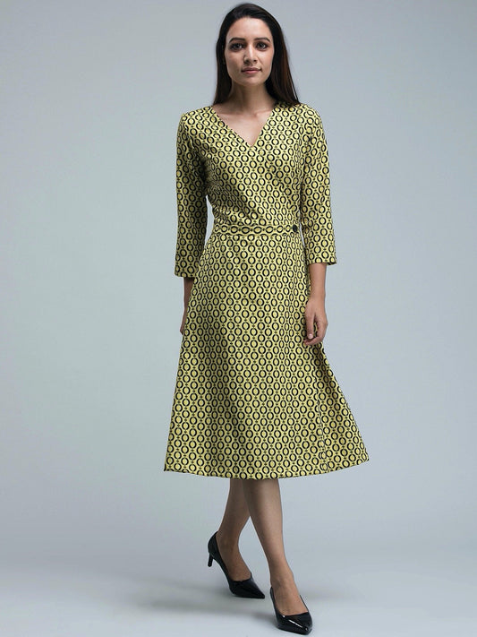 Geometric Print Faux Wrap Dress - Yellow and Black