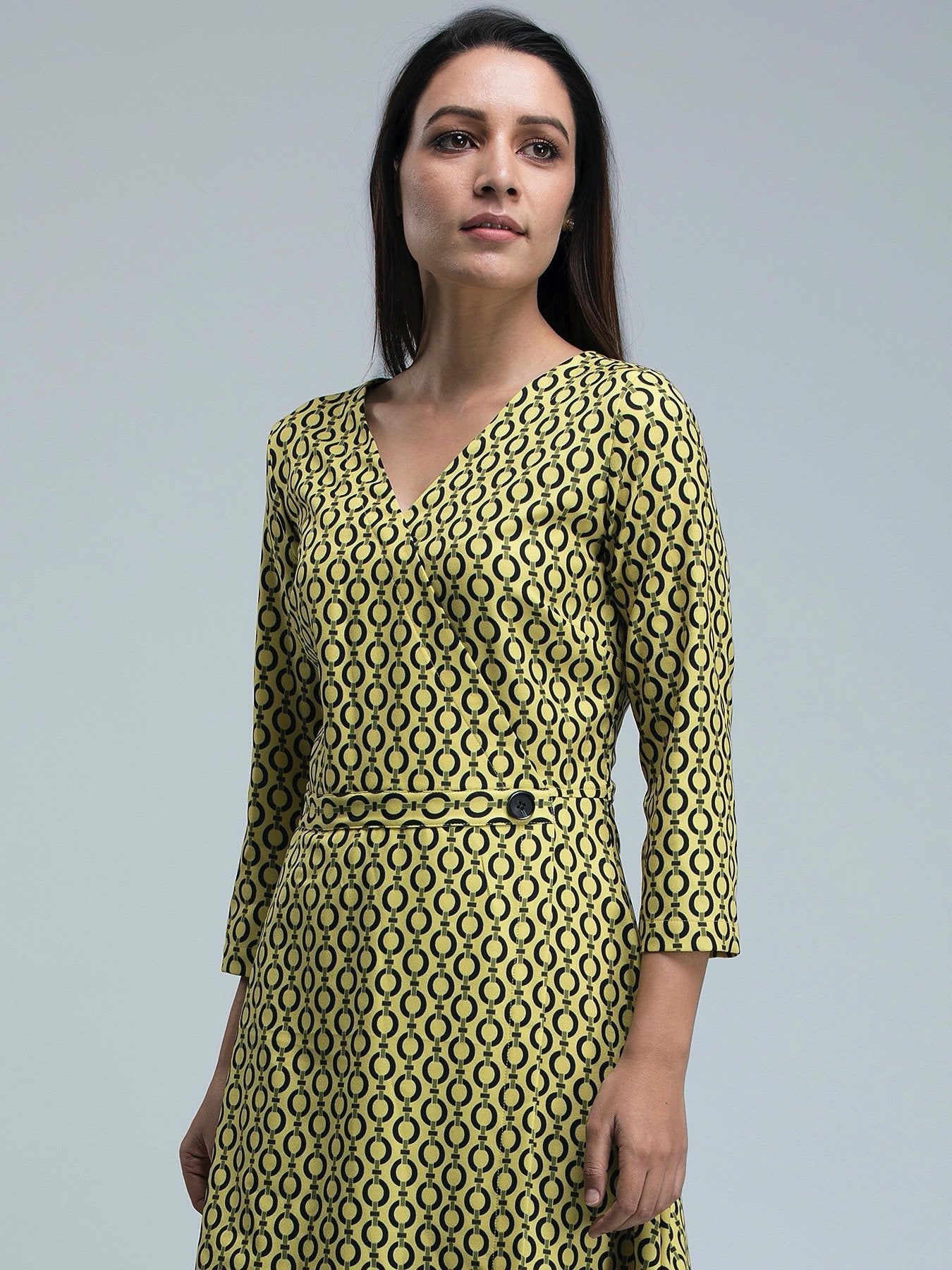 Geometric Print Faux Wrap Dress - Yellow and Black