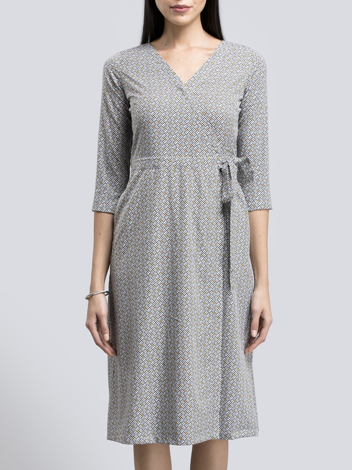 Geometric Print Faux Wrap Dress - Black and White
