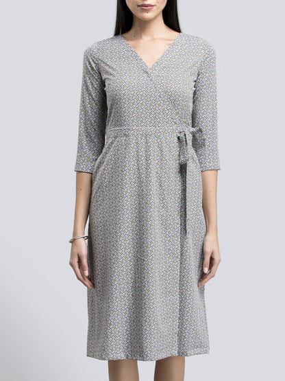 Geometric Print Faux Wrap Dress - Black and White