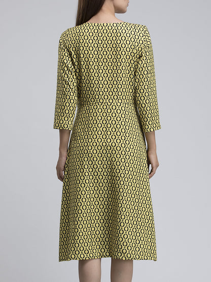 Geometric Print Faux Wrap Dress - Yellow and Black