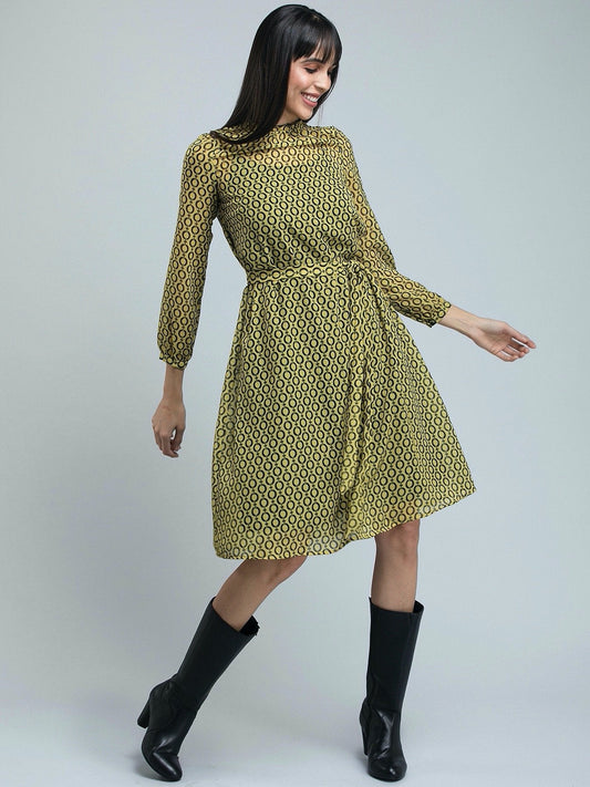 Geometric Print Ruffled A Line Dress - Yellow and Black