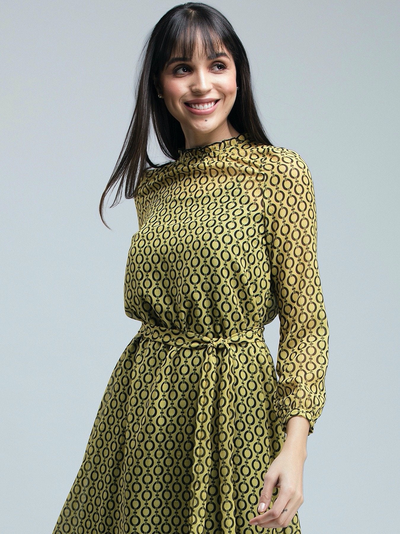 Geometric Print Ruffled A Line Dress - Yellow and Black