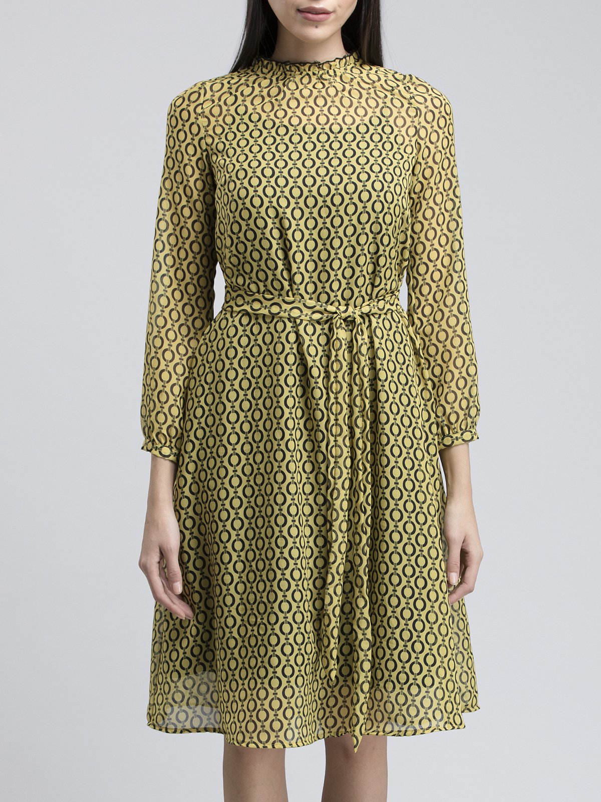 Geometric Print Ruffled A Line Dress - Yellow and Black