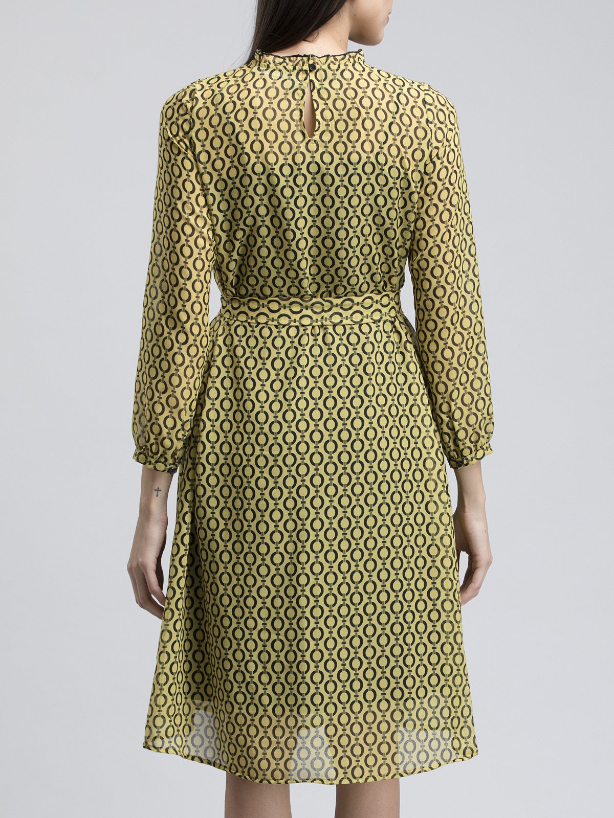Geometric Print Ruffled A Line Dress - Yellow and Black