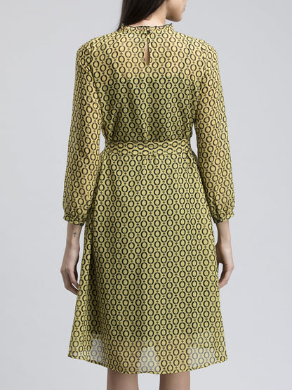 Geometric Print Ruffled A Line Dress - Yellow and Black