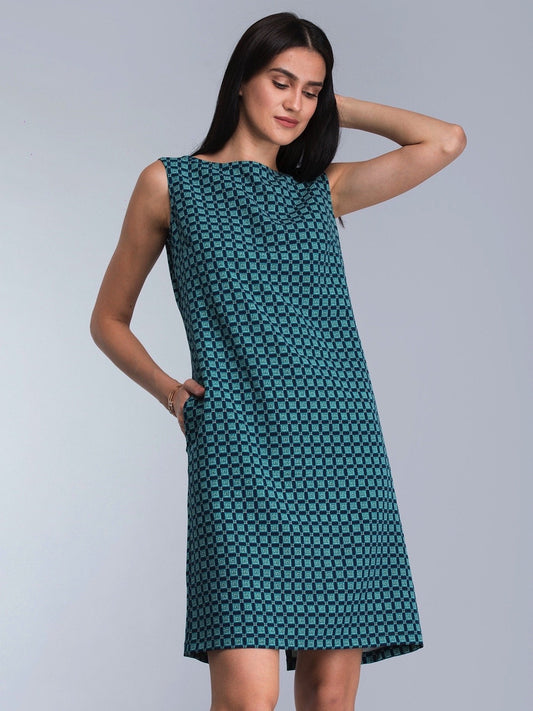 Geometric Print Shift Dress - Blue and Green
