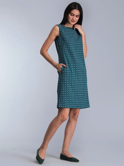 Geometric Print Shift Dress - Blue and Green